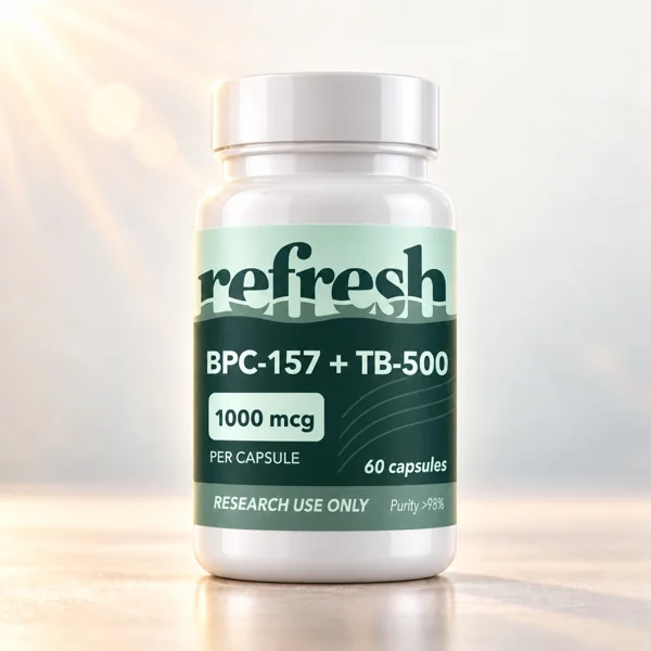 Refresh Research BPC-157 + TB-500 Blend Capsules white jar in warm studio lighting