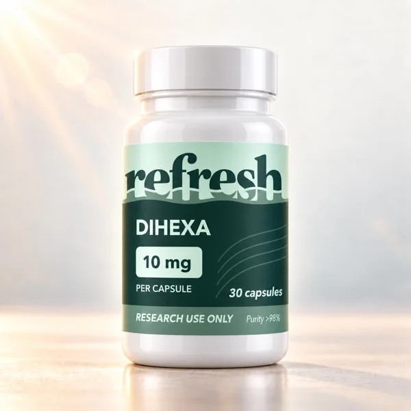 Refresh Research Dihexa Capsules white jar in warm studio lighting