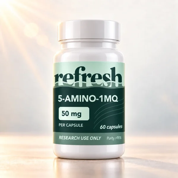 Refresh Research 5-AMINO-1MQ Capsules white jar in warm studio lighting