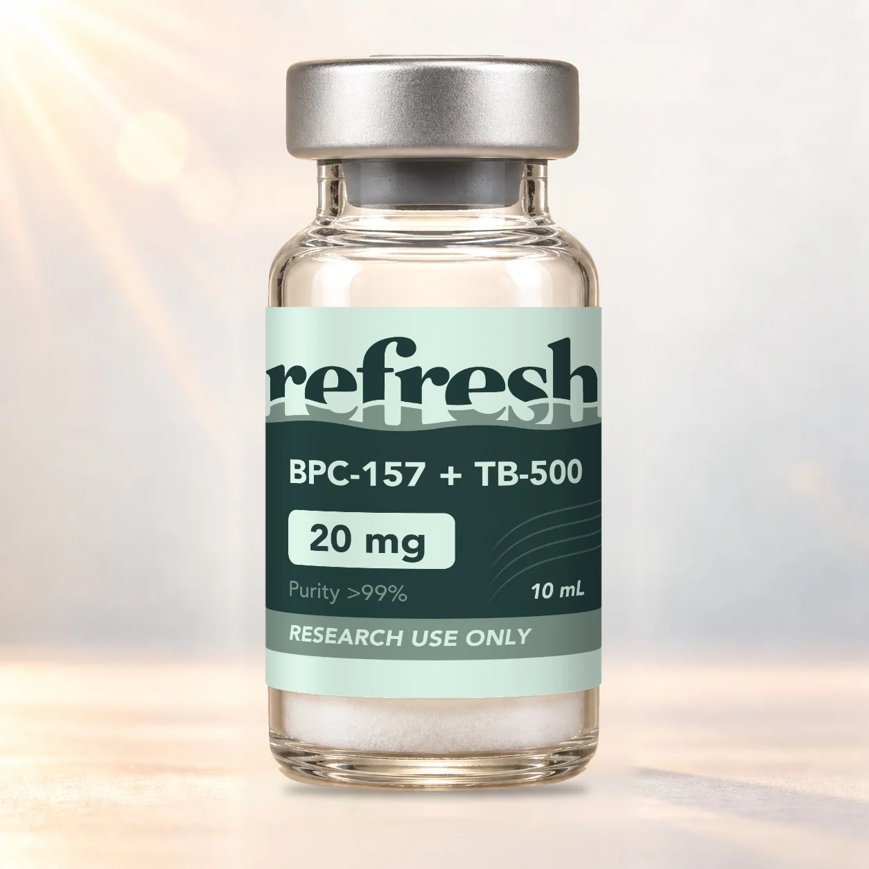 Refresh Research BPC-157-+-TB-500-20mg vial in warm studio lighting