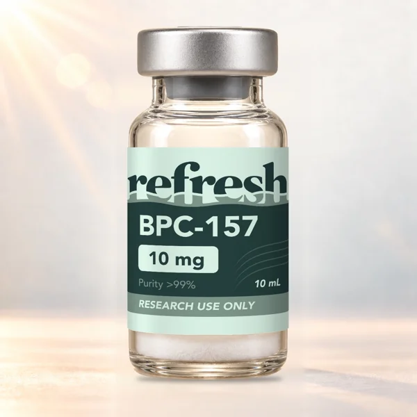 Refresh Research BPC-157-10mg vial in warm studio lighting
