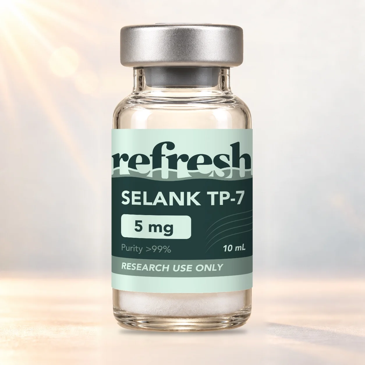Refresh Research SELANK-TP-7-5mg vial in warm studio lighting