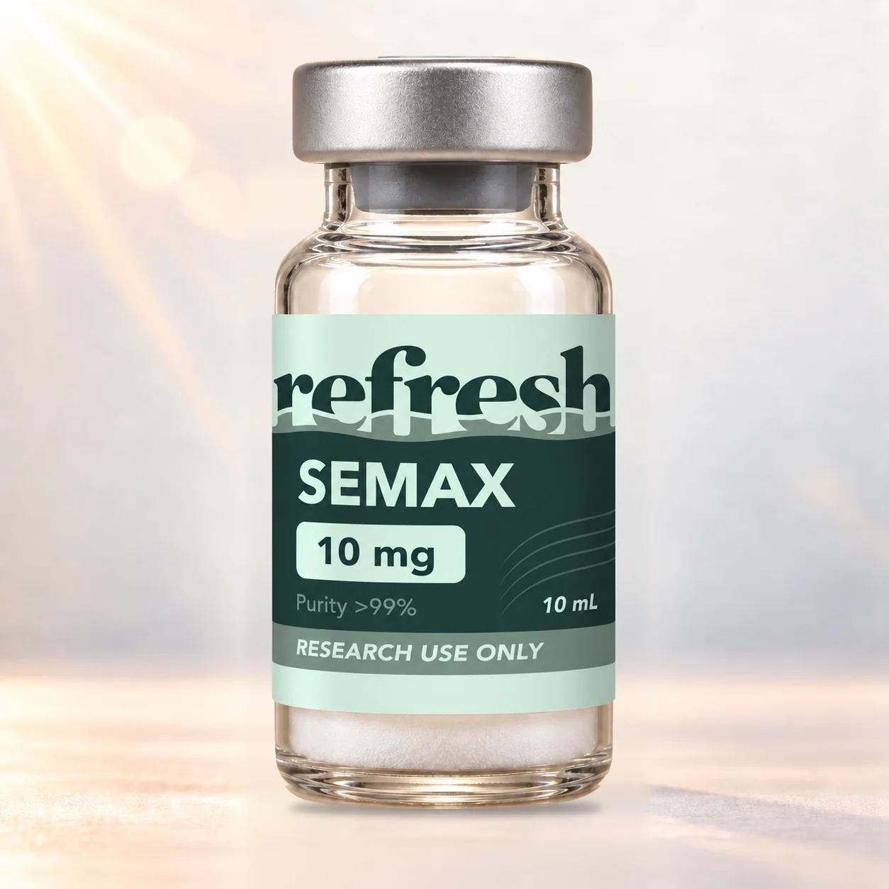 Refresh Research SEMAX 10 mg peptide vial in warm studio lighting